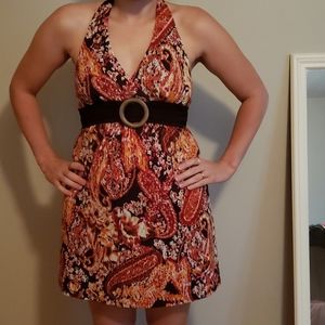 Summer paisley dress. Halter tie. Red orange and b